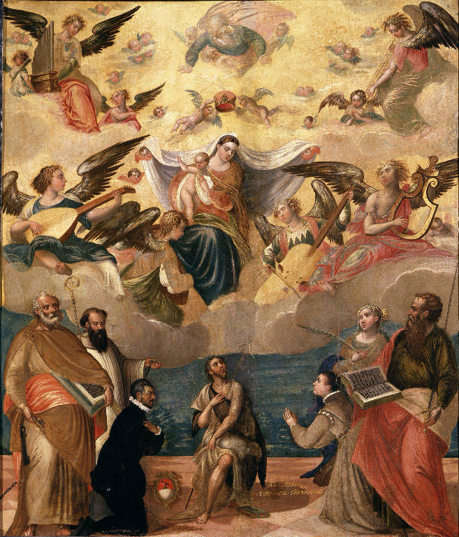 Madonna in gloria con San Pietro, San Benedetto da Norcia, San Giovanni Battista, San Paolo, Santa Caterina d'Alessandria, angeli musicanti e donatori (dipinto) di Lanfranchi Bernardo (sec. XVI)