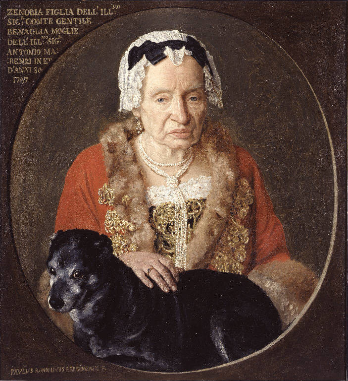 Ritratto di Zenobia Benaglio Marenzi con cane (dipinto) di Bonomino Paolo Maria (sec. XVIII)
