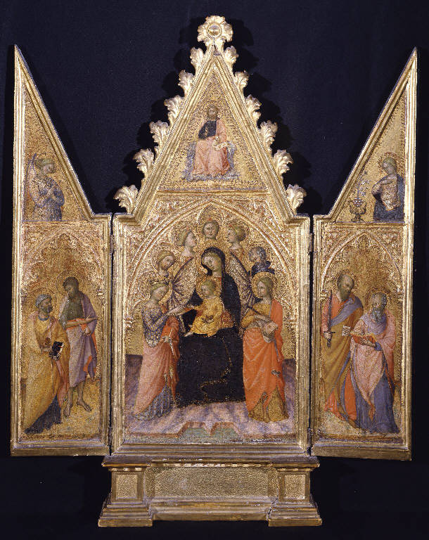 Matrimonio mistico di Santa Caterina d'Alessandria con San Giacomo maggiore, Sant'Antonio abate e Santa Giustina, San Pietro e San Giovanni Battista, San Paolo e San Giovanni Evangelista, Angelo annunciante, Madonna annunciata, Cristo redentore (oratorio domestico) di Fei Paolo di Giovanni (sec. XV)