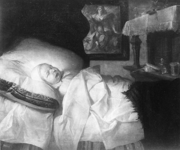 Interno di camera da letto con bambino malato (dipinto) - ambito fiammingo (sec. XVII)