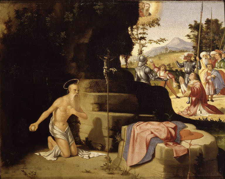 San Girolamo penitente nel deserto e lapidazione di Santo Stefano (dipinto) di Previtali Andrea (sec. XVI)