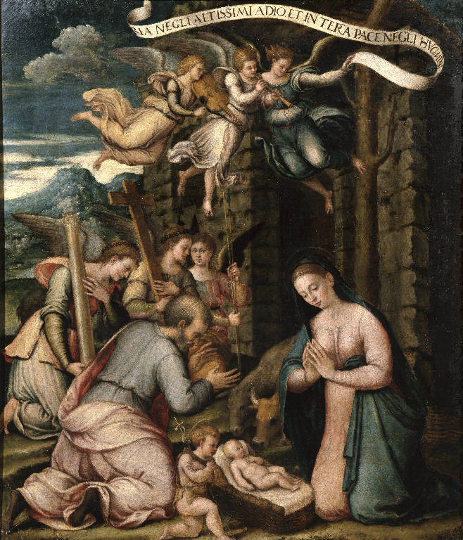 Adorazione di Gesù Bambino con San Giovannino e angeli con strumenti della passione (dipinto) di Longhi Luca (sec. XVI)