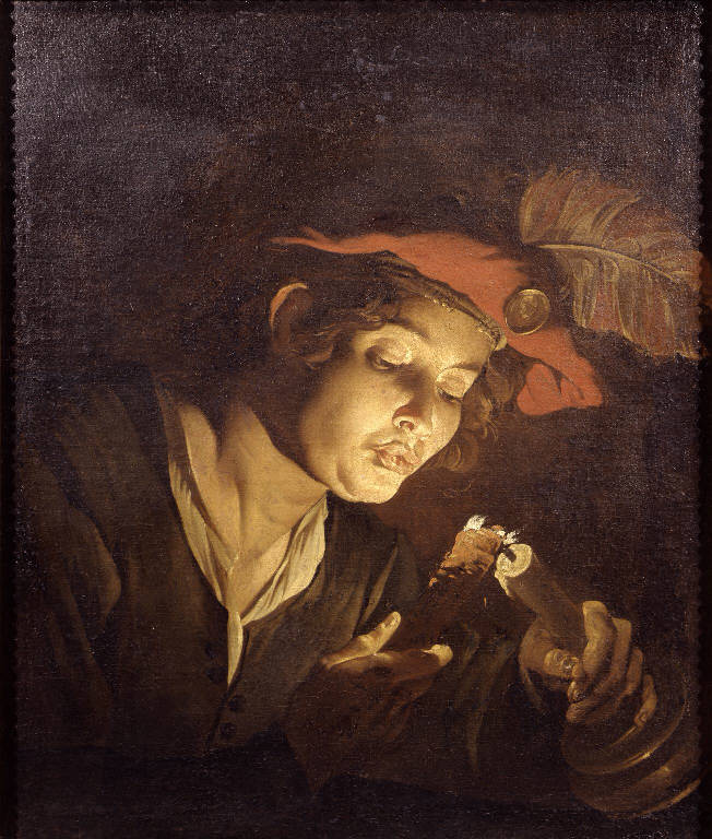 Giovane che accende una candela (dipinto) di Stomer Matthias (sec. XVII)
