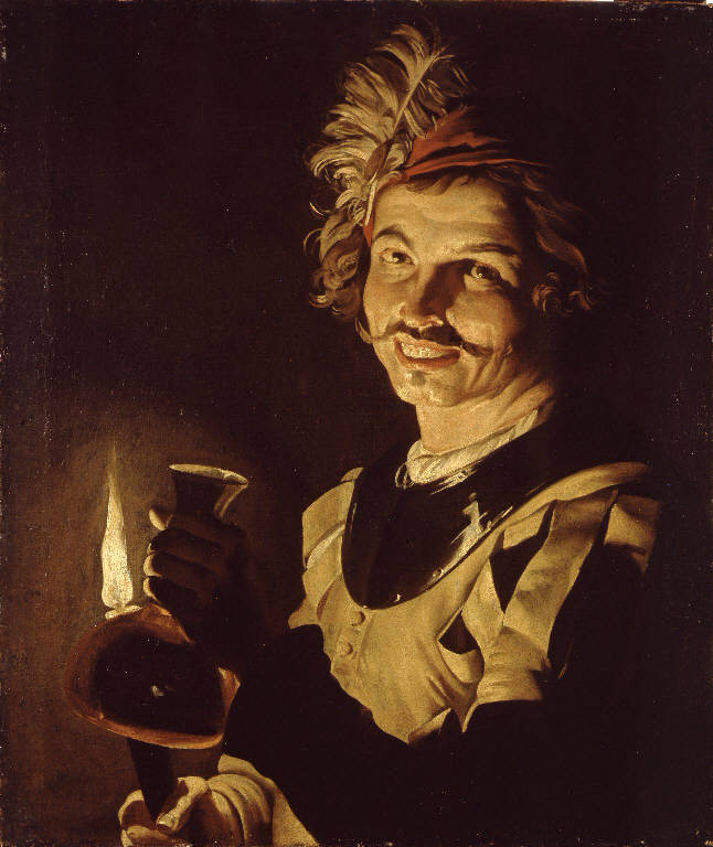 Uomo con candela e bottiglia (dipinto) di Stomer Matthias (sec. XVII)