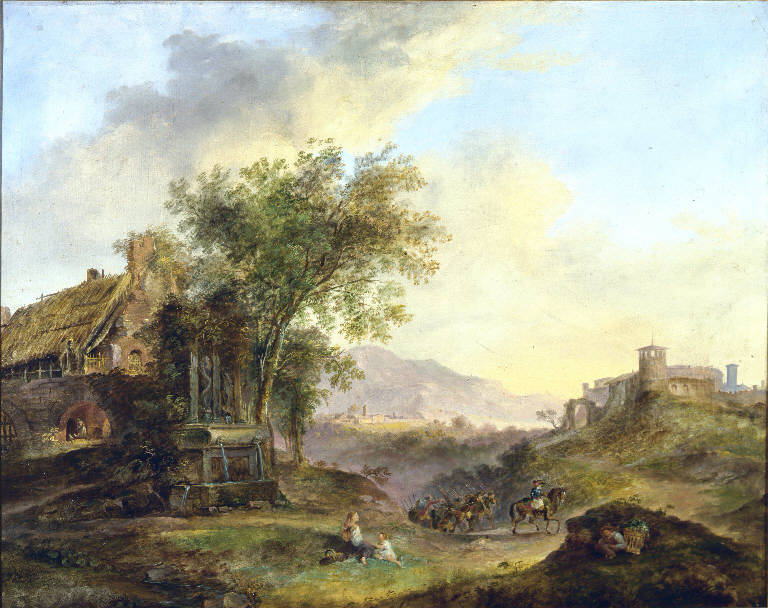 Paesaggio campestre con cascinale (dipinto) di Deleidi Luigi detto Nebbia (sec. XIX)
