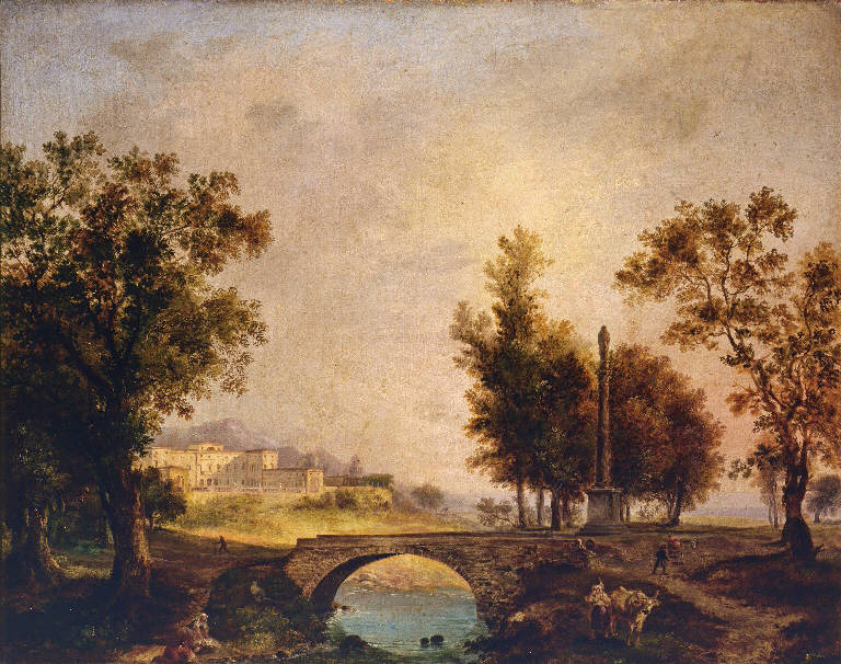 Paesaggio con ponte su ruscello e colonna (dipinto) di Deleidi Luigi detto Nebbia (sec. XIX)