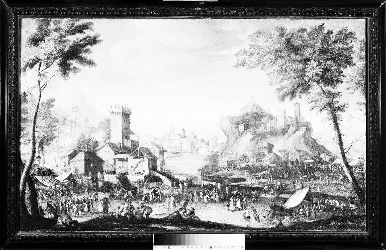 Fiera, Paesaggio con mercato vicino a una città (dipinto) di Boudewijns, Adriaen Frans (maniera) (ultimo quarto sec. XVII)