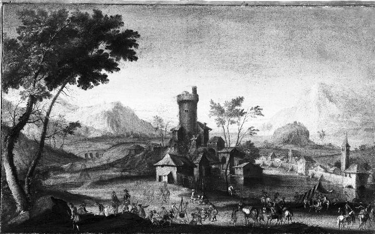 Bivacco, Paesaggio con mercato vicino a una cascina turrita (dipinto) di Boudewijns, Adriaen Frans (maniera) (ultimo quarto sec. XVII)