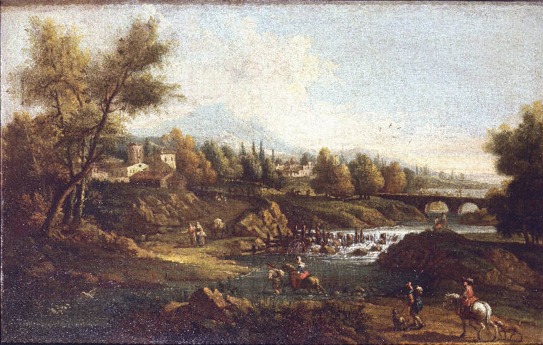 Paesaggio fluviale con guado, viandanti e cavalieri (dipinto) di Zuccarelli Francesco (cerchia) (sec. XVIII)
