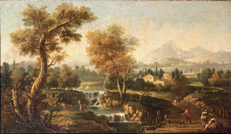 Paesaggio con torrente nei pressi di città (dipinto) di Zuccarelli Francesco (cerchia) (sec. XVIII)