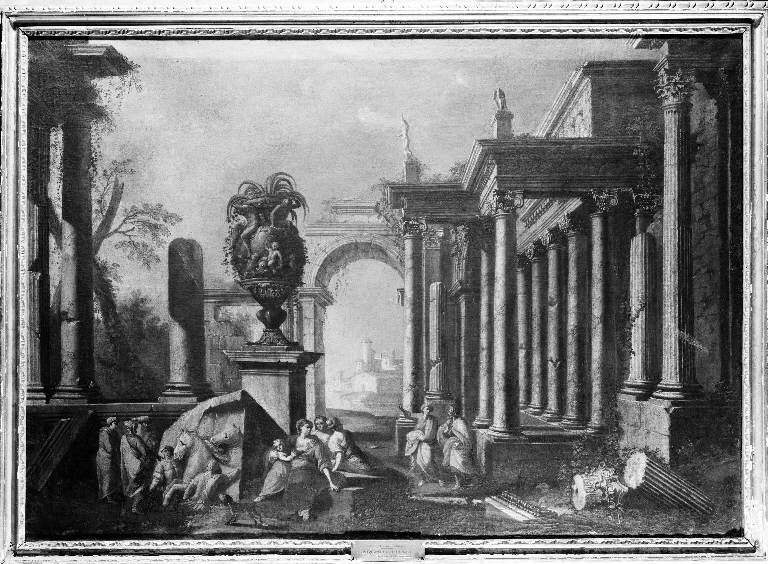 Veduta fantastica con architetture classiche e figure (dipinto) di Paltronieri Pietro detto Mirandolese delle Prospettive (sec. XVIII)