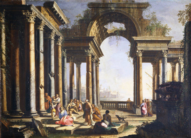 Architettura classica con figure (dipinto) di Paltronieri Pietro detto Mirandolese delle Prospettive (sec. XVIII)