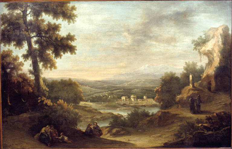 Paesaggio con viandanti, frati e borgo con cascinale (dipinto) di Canal Francesco Antonio (fine sec. XVIII)