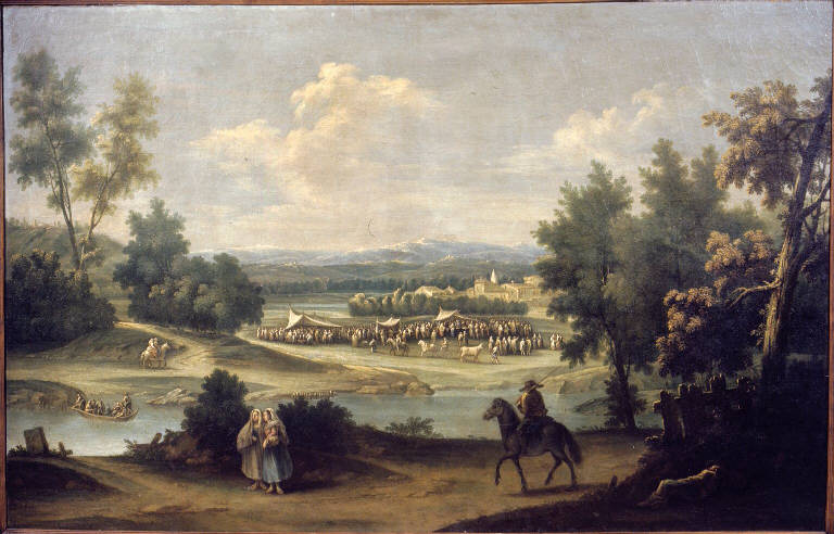 Paesaggio fluviale con fiera contadina (dipinto) di Canal Francesco Antonio (fine sec. XVIII)