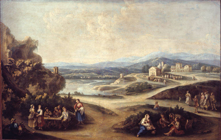 Paesaggio rurale con viandanti e borgo con chiesetta (dipinto) di Canal Francesco Antonio (fine sec. XVIII)
