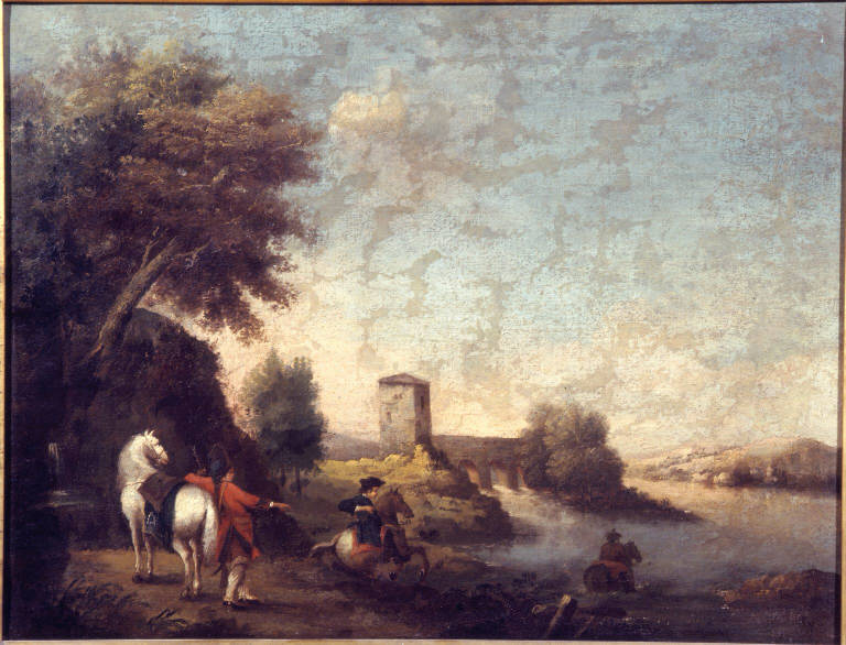 Paesaggio con cavalieri che attraversano un fiume (dipinto) di Zuccarelli Francesco (cerchia) (sec. XVIII)