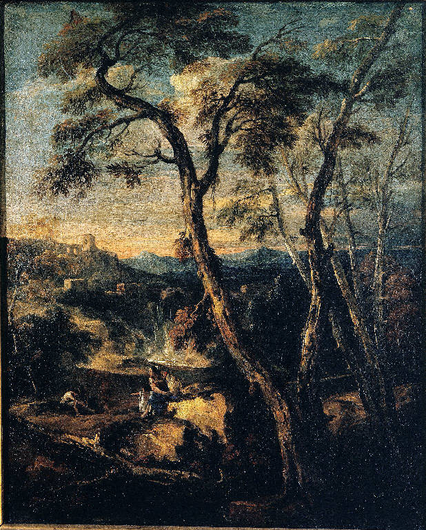 Paesaggio con alberi, cascata e figure (dipinto) di Ricci Marco (cerchia) (sec. XVIII)