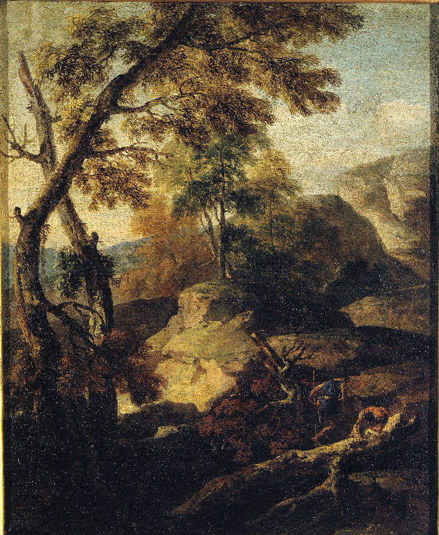 Paesaggio con alberi e boscaioli (dipinto) di Ricci Marco (cerchia) (sec. XVIII)
