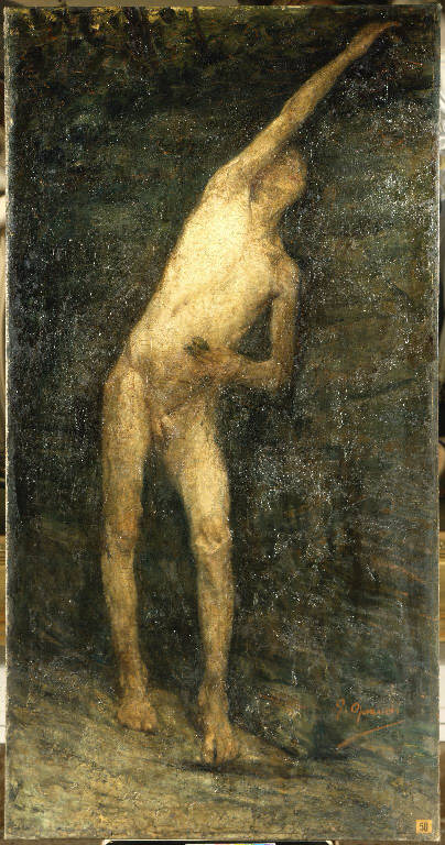 Giovane nudo in piedi (dipinto) di Oprandi Giorgio (sec. XX)