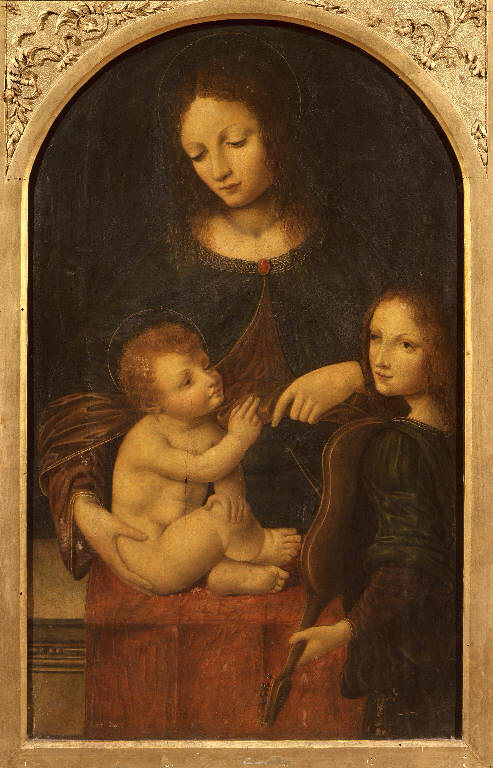 Madonna con Bambino e angelo musicante (dipinto) di Leonardo da Vinci (scuola) (sec. XVI)