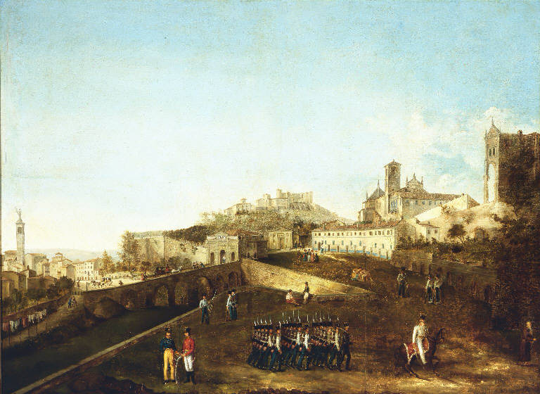 Veduta di Porta Sant'Agostino a Bergamo con parata militare (dipinto) di Deleidi Luigi detto Nebbia (sec. XIX)