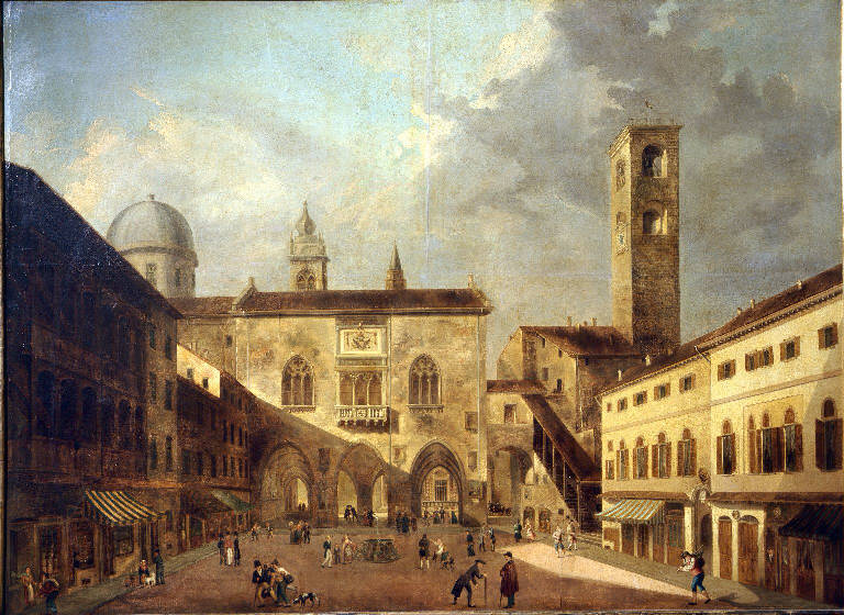 Veduta di piazza Vecchia in Bergamo Alta (dipinto) di Deleidi Luigi detto Nebbia (sec. XIX)