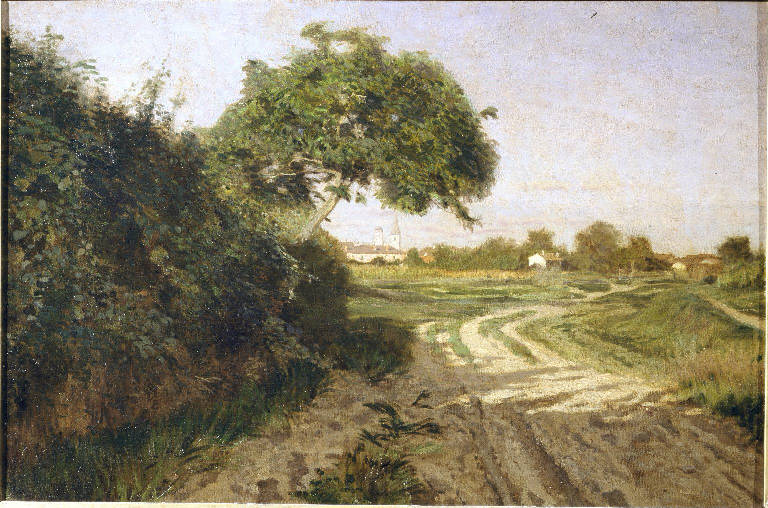 Paesaggio rurale con alberi e case (dipinto) di Serafino d'Avendano (fine sec. XIX)