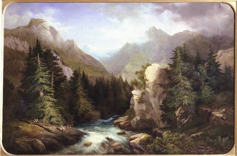 Veduta di una vallata bergamasca con pastore e capre sul greto di un torrente (dipinto) di Agliardi, Pietro (sec. XIX)