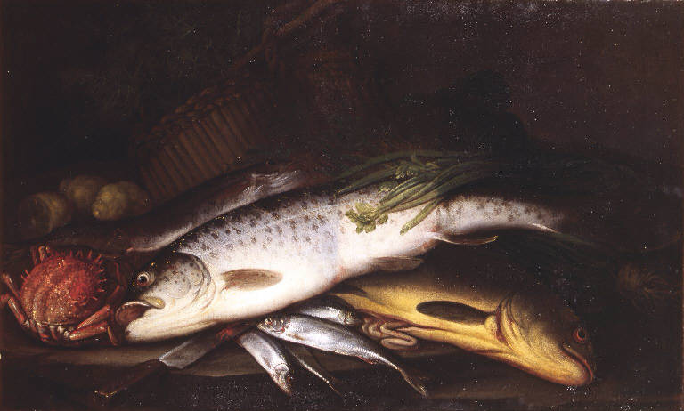 Pesci e aragosta, Natura morta con pesci (dipinto) di Baschenis Evaristo (scuola) (sec. XVII)