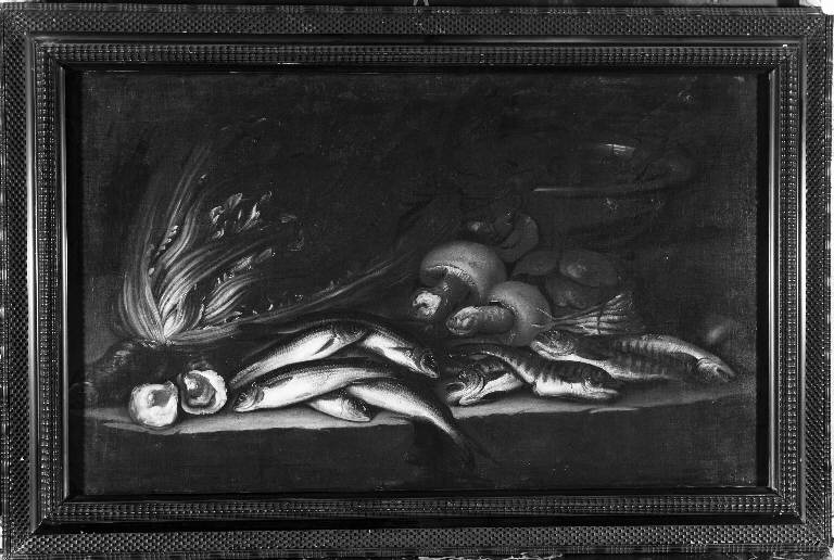 Natura morta con pesci, funghi e verdure (dipinto) di Baschenis Evaristo (scuola) (sec. XVII)