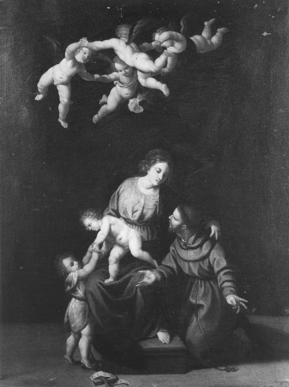Madonna con Bambino San Francesco d'Assisi, San Giovannino e angioletti (dipinto) - ambito veneto (sec. XVIII)