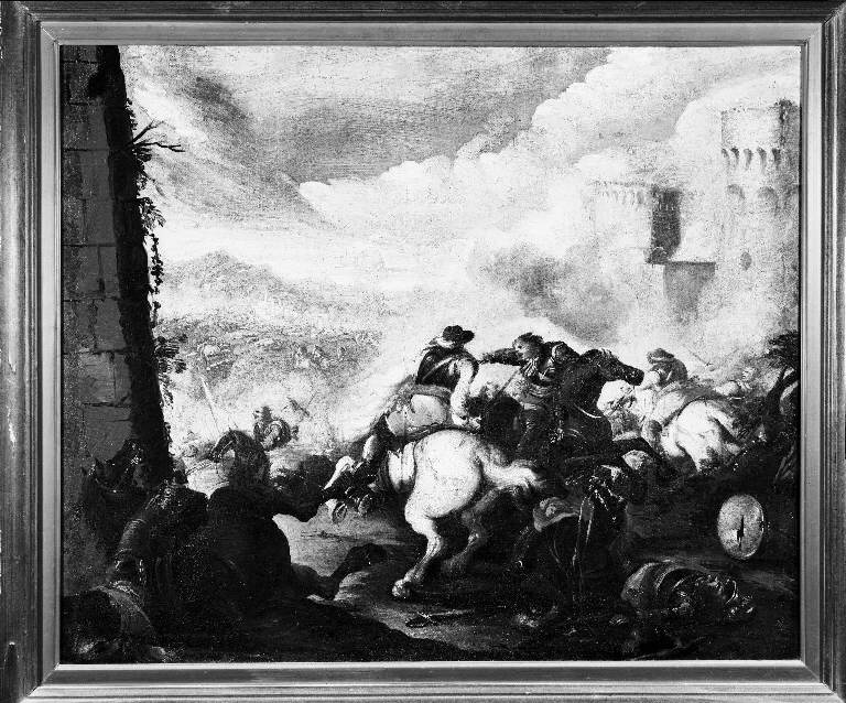 Battaglia con cavalieri presso un castello (dipinto) di Simonini Francesco Antonio (attribuito) (sec. XVIII)