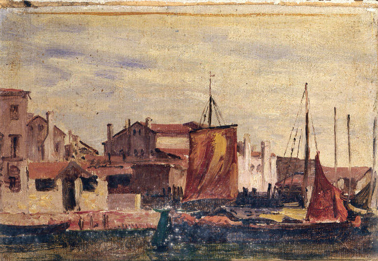 Veduta di Chioggia con barche e case (dipinto) di Mancini Carlo (sec. XIX)
