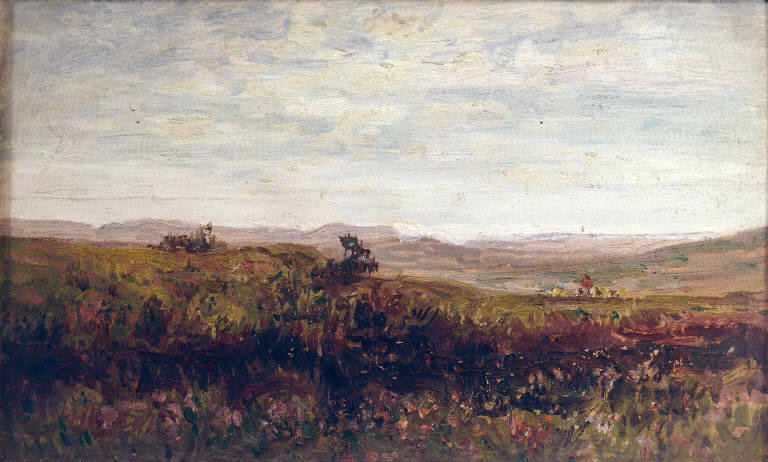 Veduta di brughiera scozzese con pastore e gregge (dipinto) di Mancini Carlo (sec. XIX)