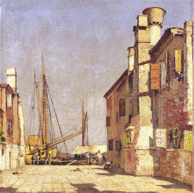 Veduta di una strada e del porto di Chioggia (dipinto) di Mancini Carlo (sec. XIX)