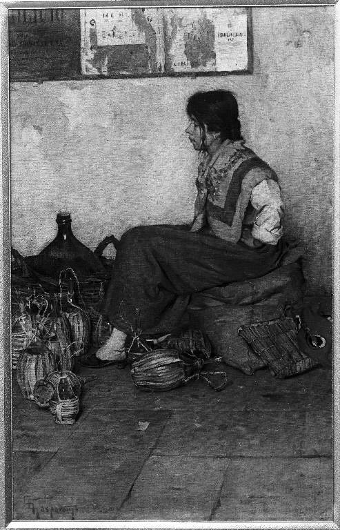 Venditrice di vino con damigiane e fiaschi (dipinto) di Gasparoni G. (sec. XIX)