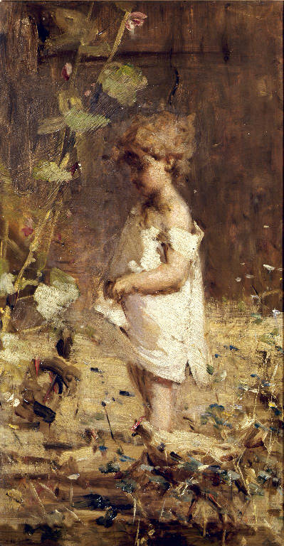 Bambina in giardino (dipinto) di Rapetti Camillo (secc. XIX/ XX)