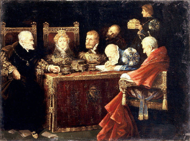 Riunione per la firma di un contratto nuziale (dipinto) di Sanchez Barbudo, Salvador (sec. XIX)