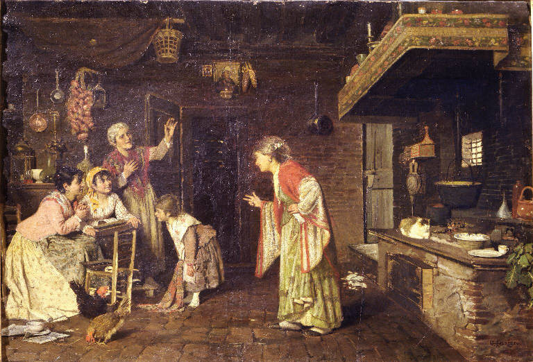 Conversazione tra donne e bambine nella cucina di una casa contadina (dipinto) di Favretto Giacomo (sec. XIX)