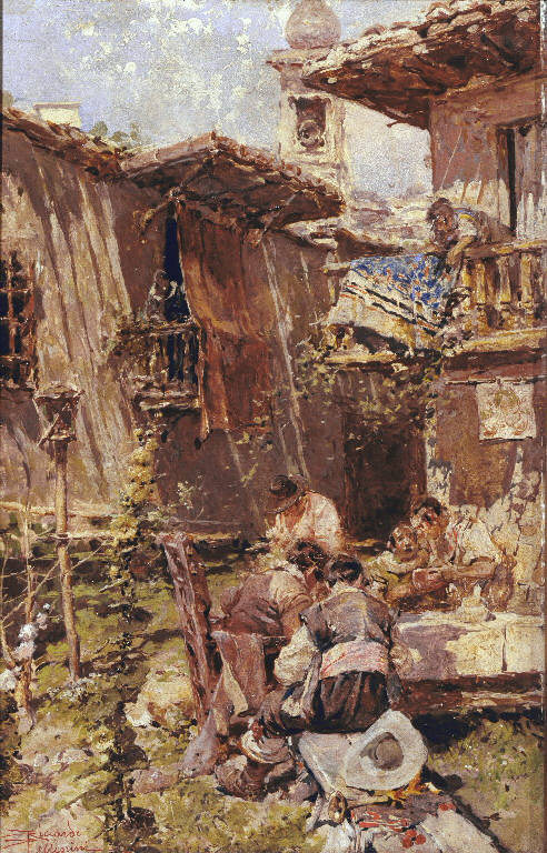 Cortile rustico (dipinto) di Pellegrini Riccardo (sec. XX)