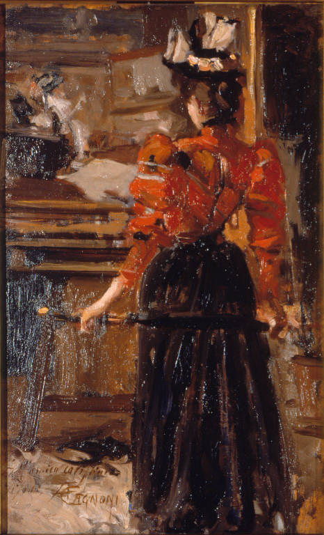 Interno con figura femminile (dipinto) di Cagnoni Amerino (sec. XIX)
