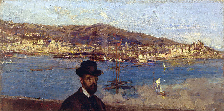 Veduta del porto di Genova con ritratto maschile (dipinto) di Bazzaro Leonardo (sec. XIX)