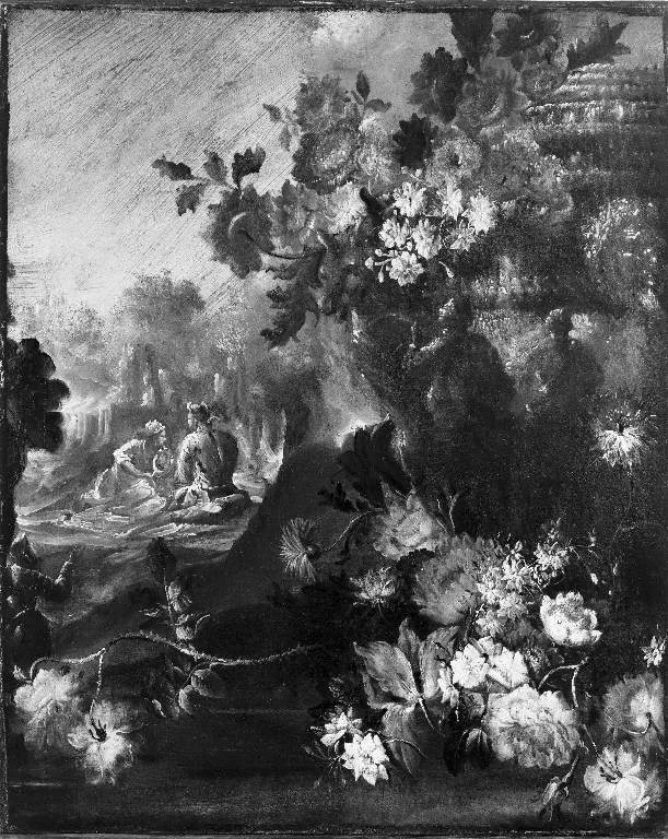Paesaggio con figure e fiori in primo piano (dipinto) - ambito francese (inizio sec. XVIII)