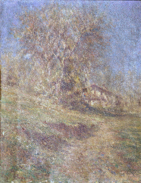 Paesaggio con grandi alberi e casolare (dipinto) di Saporiti Rinaldo (sec. XIX)