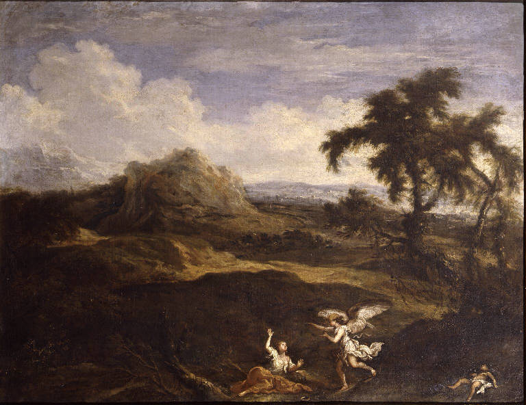 Agar e Ismaele nel deserto confortati dall'angelo (dipinto) - ambito bolognese (sec. XVII)