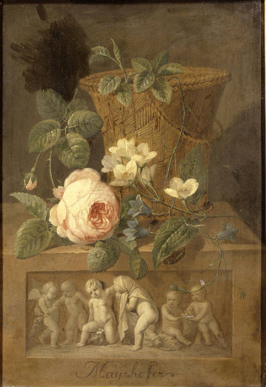 Natura morta con fiori e canestro su basamento scolpito (dipinto) di Mayrhofer Johann Nepomuk (sec. XVIII)