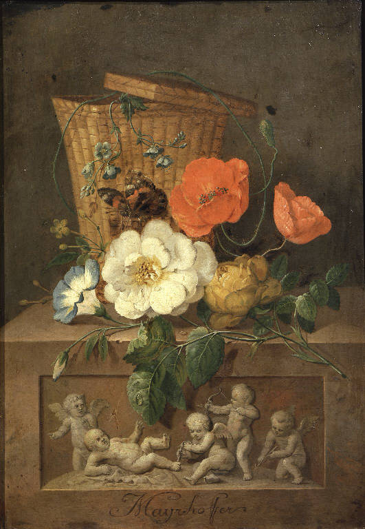 Natura morta con fiori, farfalla e canestro su basamento scolpito (dipinto) di Mayrhofer Johann Nepomuk (sec. XVIII)