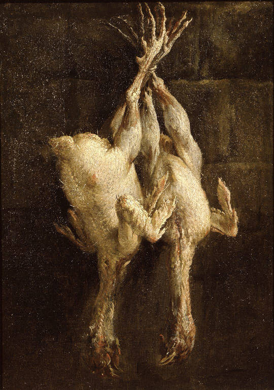 Natura morta con polli spennati e appesi (dipinto) di Boselli Felice (sec. XVIII)