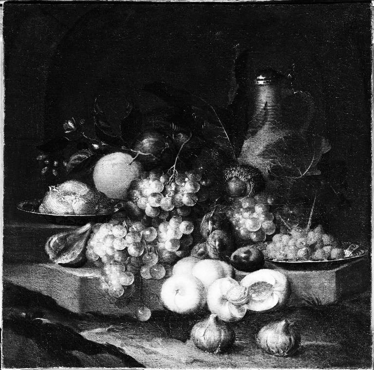 Natura morta con fiori, frutta e brocca (dipinto) di Heem Jan Davidsz de (maniera) (sec. XVII)