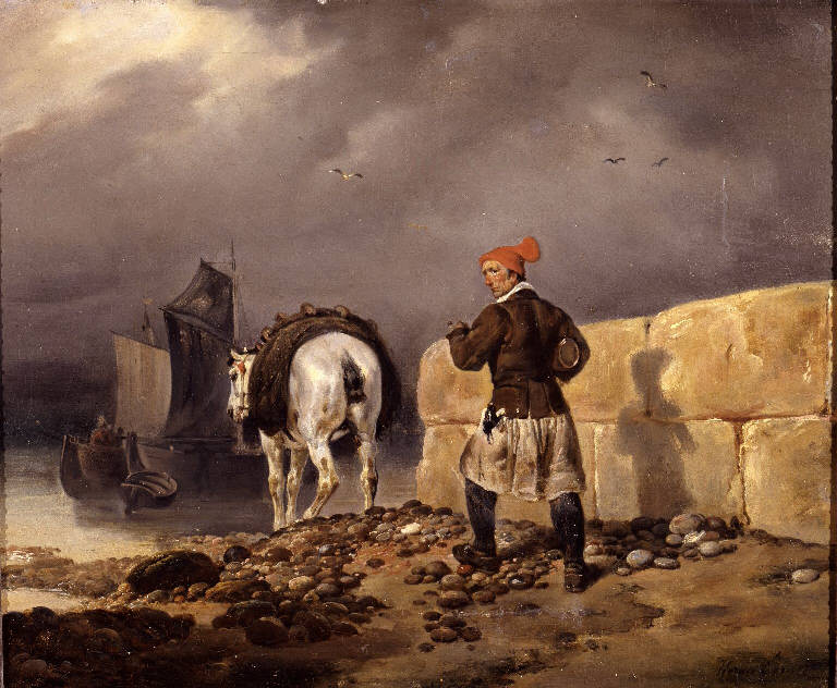 Marina con pescatore, cavallo e barche (dipinto) di Vernet Horace (sec. XIX)